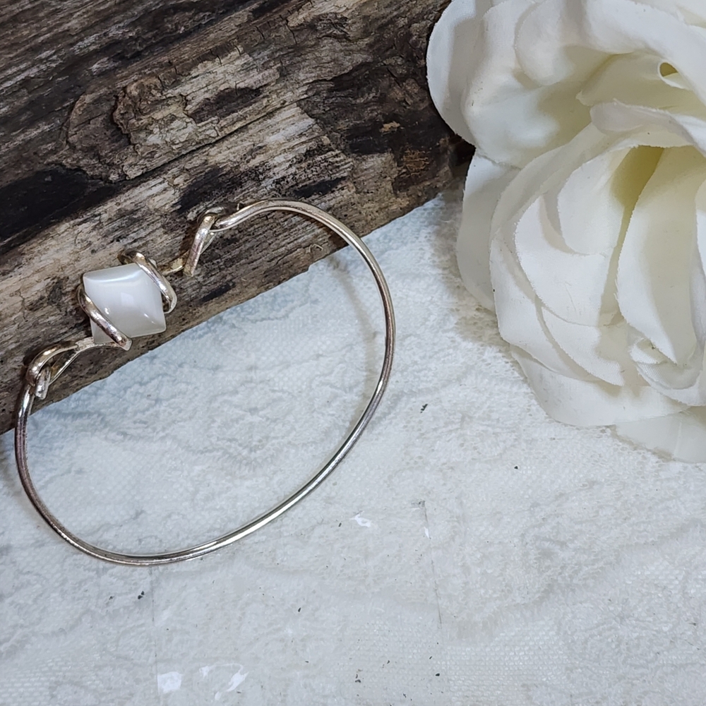 Elegant Silver Toned Bangle Cuff Bracelet with White Moonstone